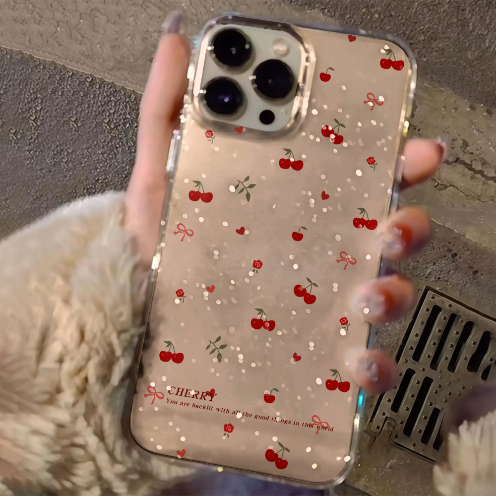 Glitter Shockproof Case - Simple cherry Flowers Clear Glitter Phone